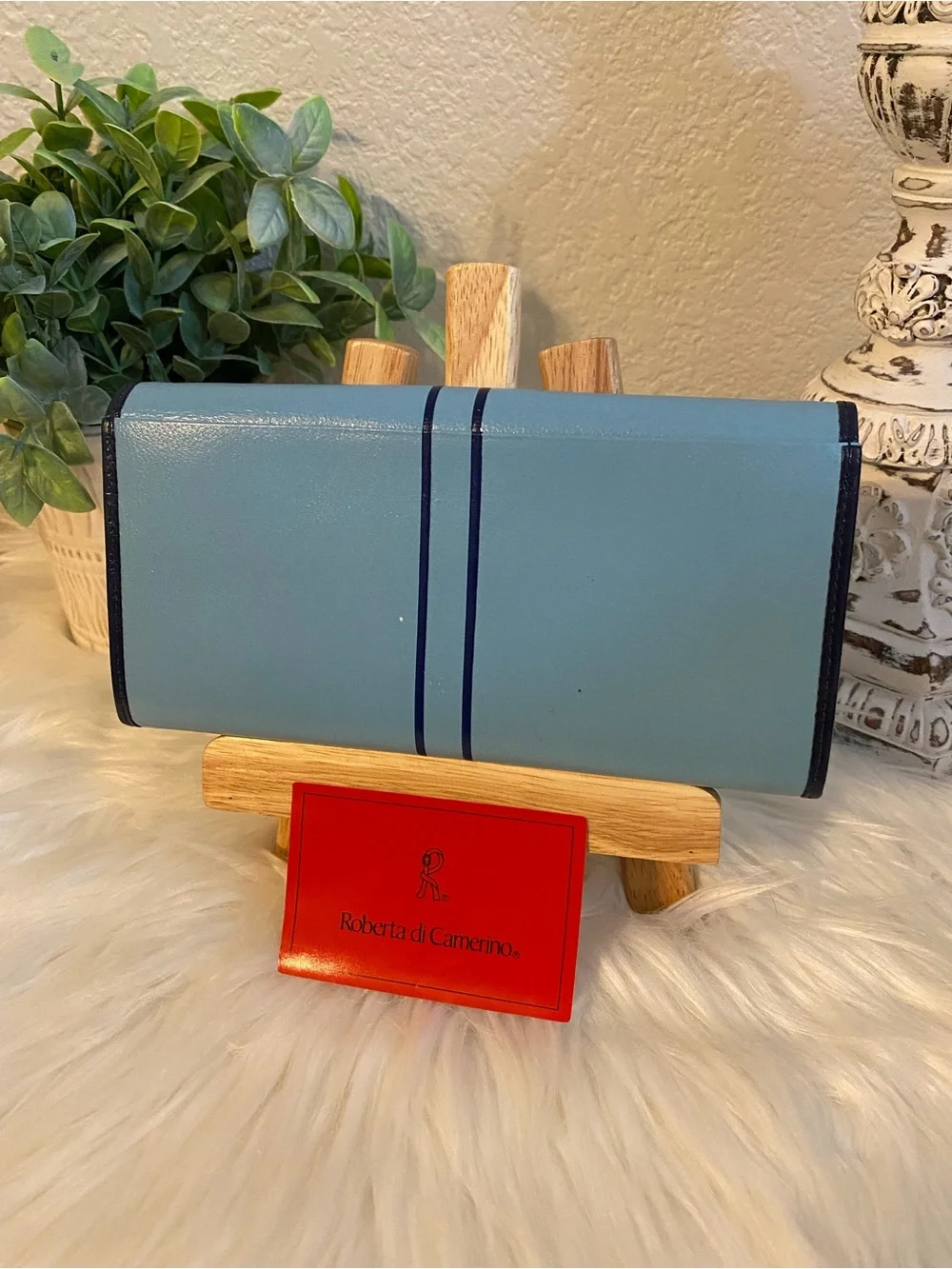 Roberta di Camerino Sky Blue Leather Belt-Motif Wallet with Navy Trim
